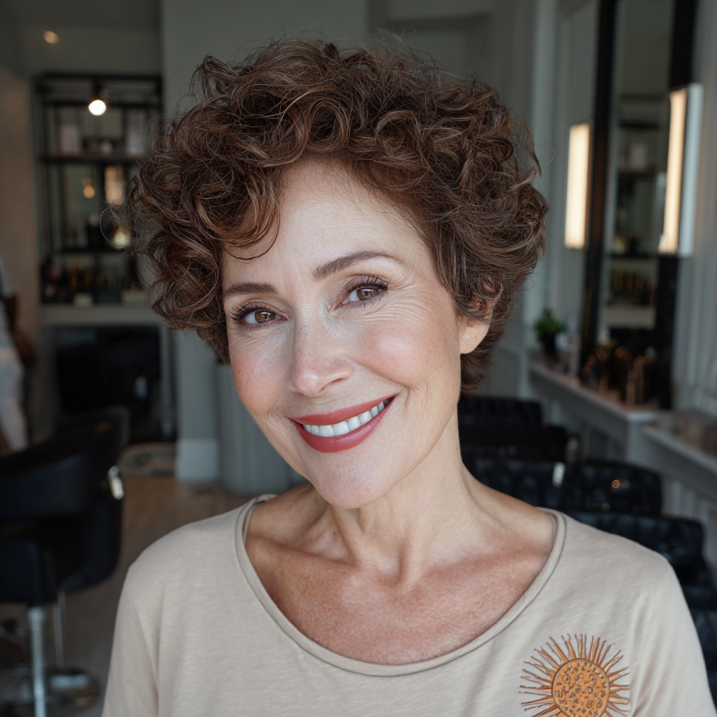 chic short curly brown crop with defined layers