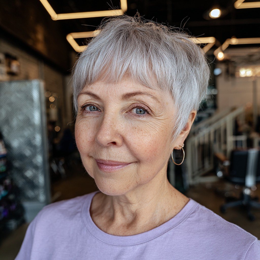 Chic Short Silvery Pixie Cut with Subtle Textured Layers