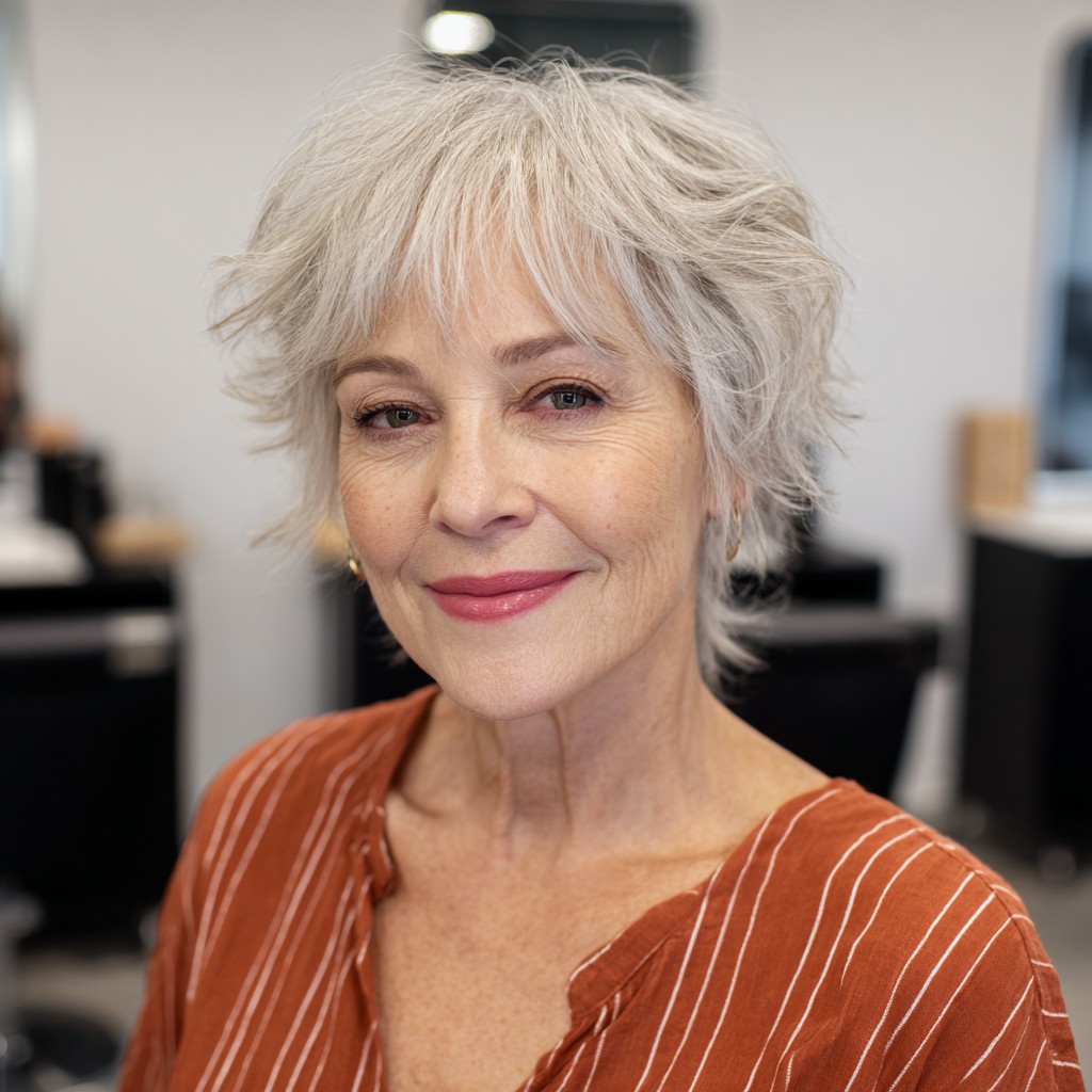 Chic Softly Layered Silver Pixie with Textured Volume