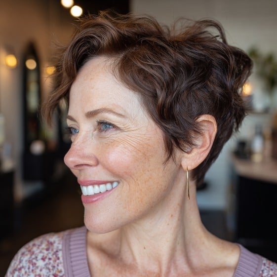 Chic Textured Brunette Pixie with Loose Waves