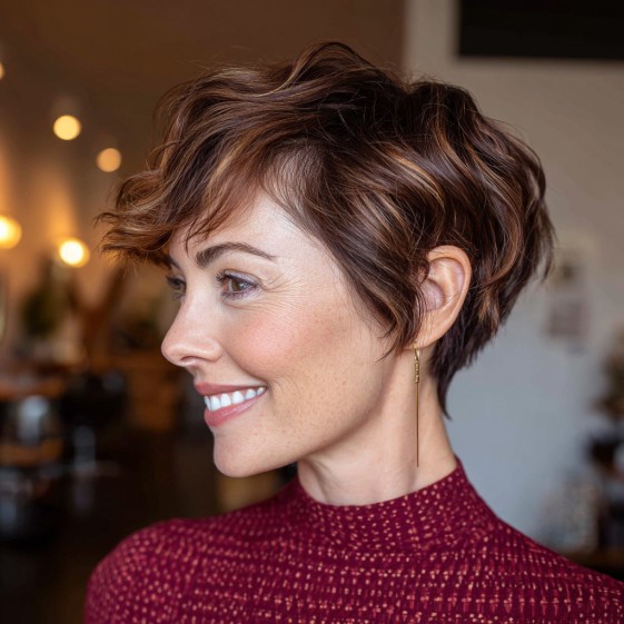 Chic Textured Brunette Pixie with Playful Curls