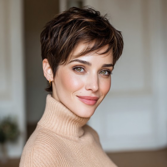 Chic Textured Brunette Pixie with Soft Volume