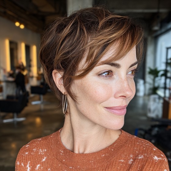 Chic Textured Brunette Pixie with Subtle Highlights