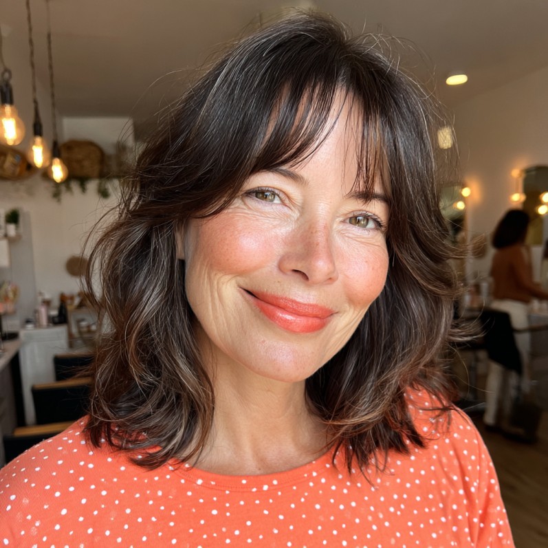 Chic Textured Lob with Face-Framing Curtain Bangs