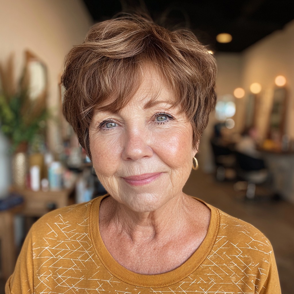 Chic Textured Pixie Cut with Warm Brown Highlights