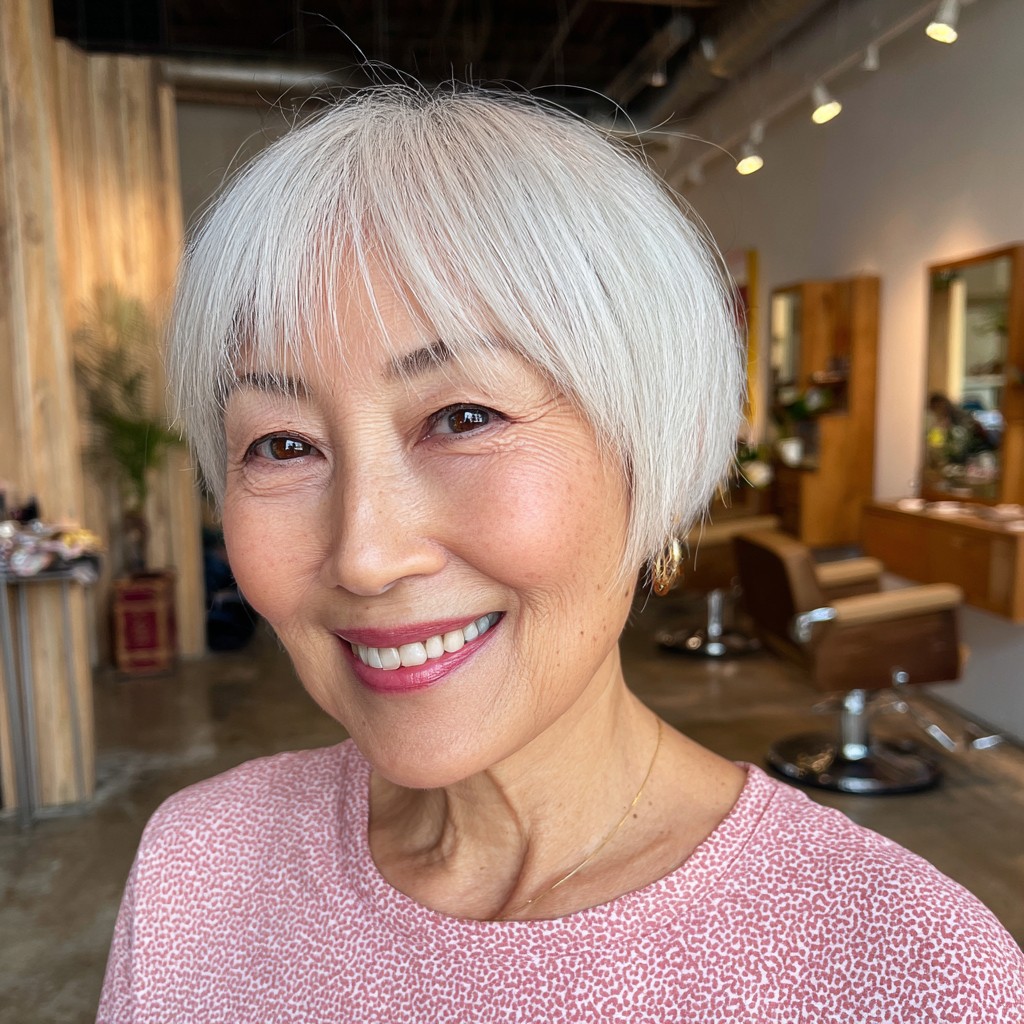 Chic Textured Silver Bowl Cut with Soft Bangs