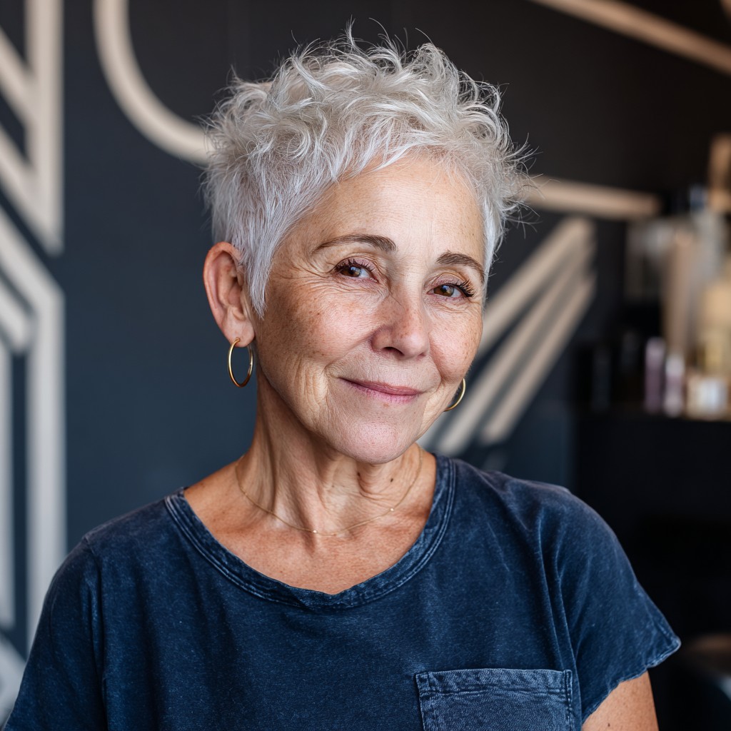 Chic Textured Silver Pixie with Defined Curls