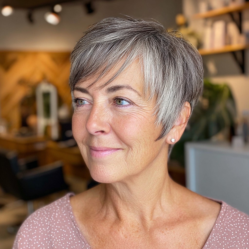Chic Textured Silver Pixie with Side-Swept Bangs