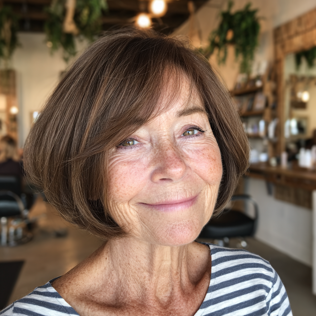 Classic Short Brown Bob with Feathered Bangs