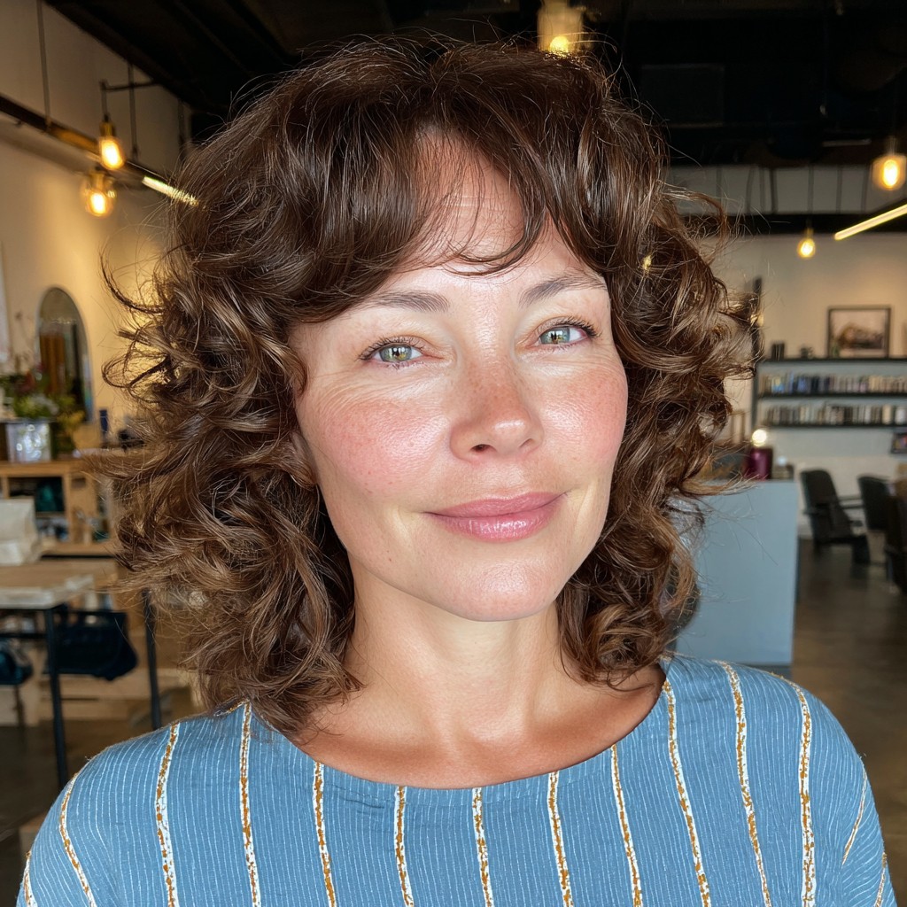 curly layered cut with soft bangs