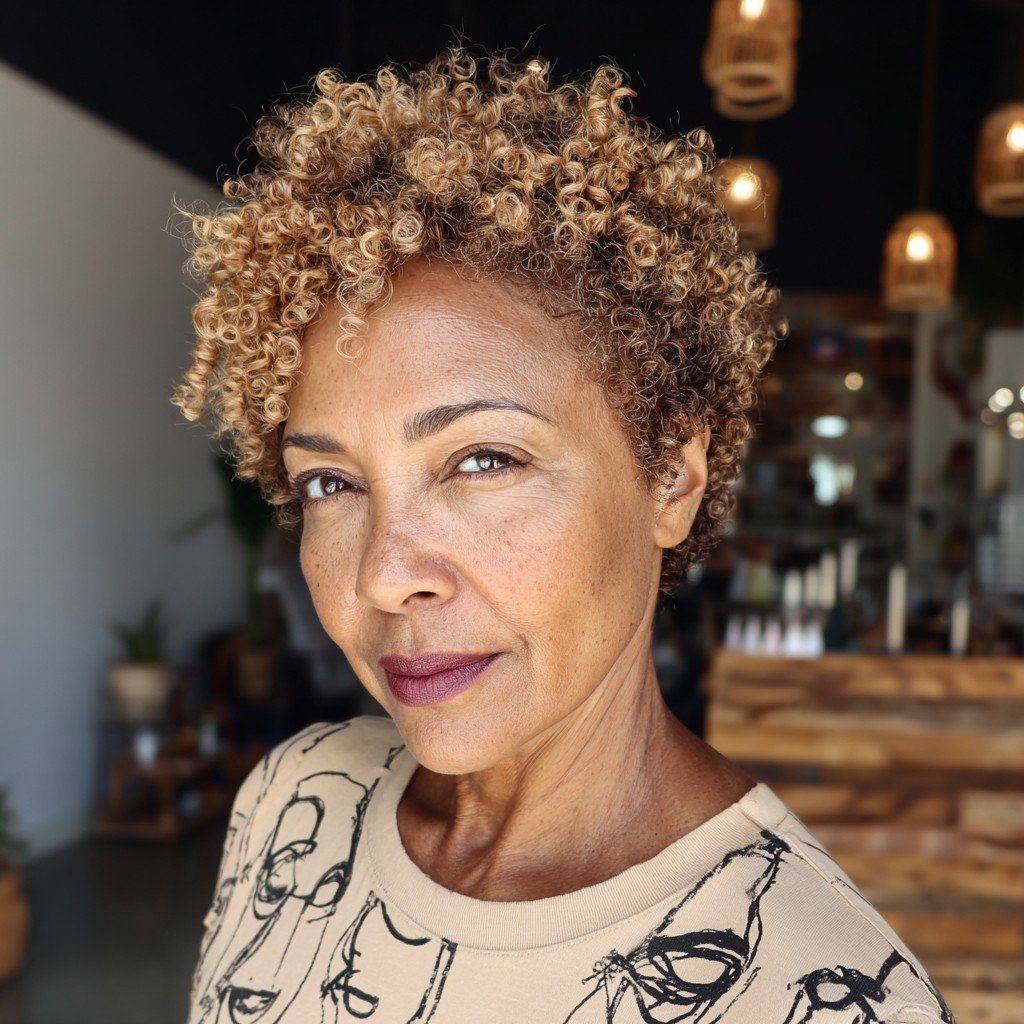 Dynamic Bronde Curly Pixie with Defined Curls