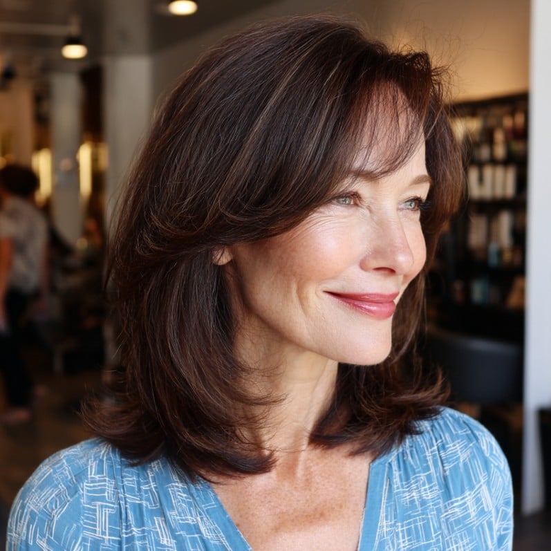 Elegant Chocolate Layered Lob with Soft Curtain Bangs