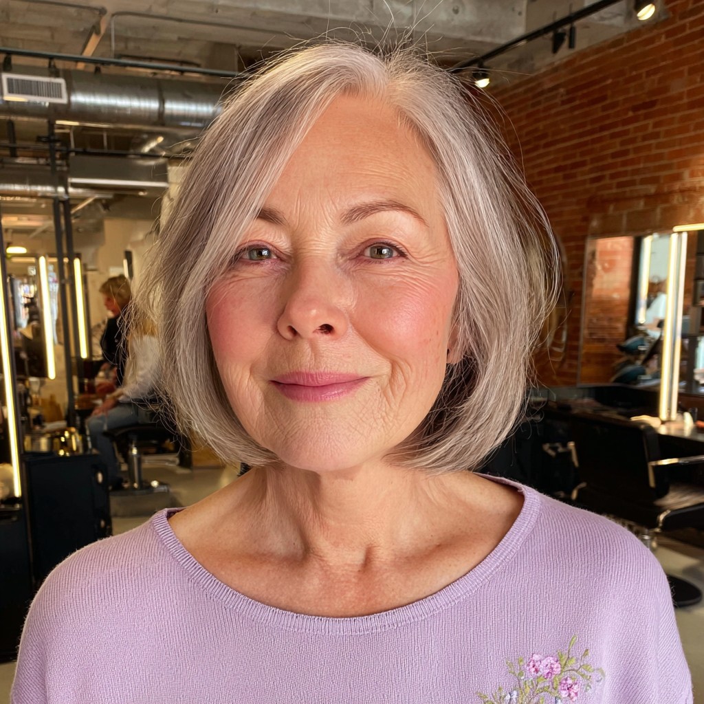 Elegant Silver Blunt Bob with Subtle Face-Framing Layers