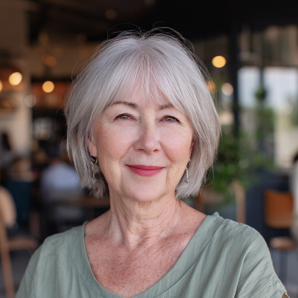 Elegant Silver Layered Bob with Soft Bangs