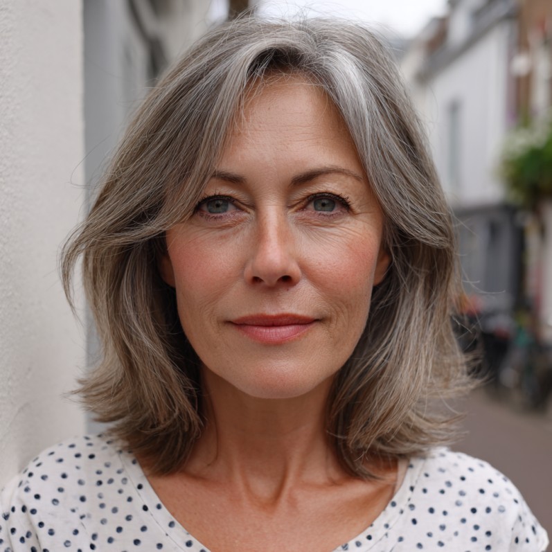 Elegant Silver Lob with Flattering Curtain Bangs