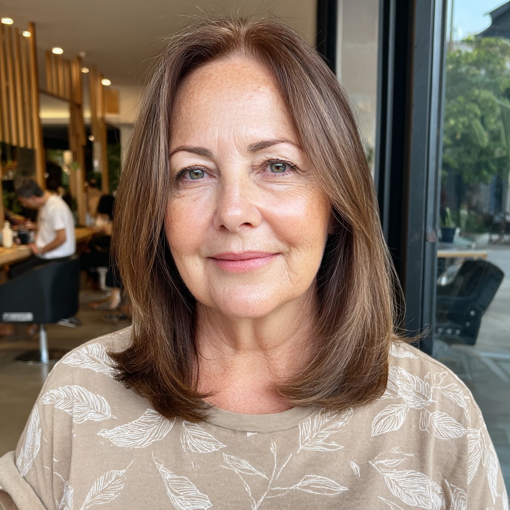Elegant Softly Layered Brown Lob with Subtle Face Framing