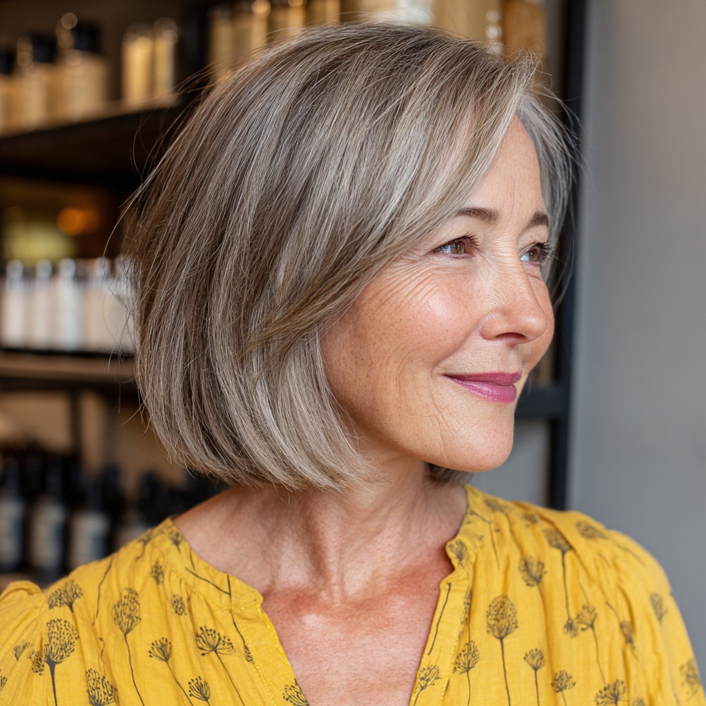 Elegant Softly Layered Silver Bob with Subtle Movement