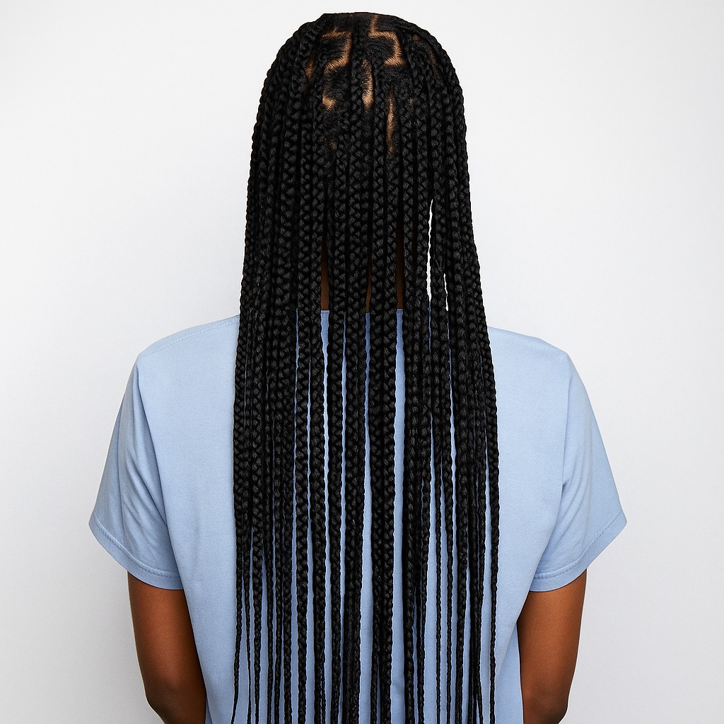 Long and Sleek Waist-Length Box Braids with Defined Parting
