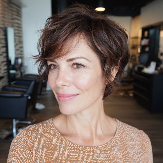 Modern Textured Brunette Pixie with Wispy Bangs