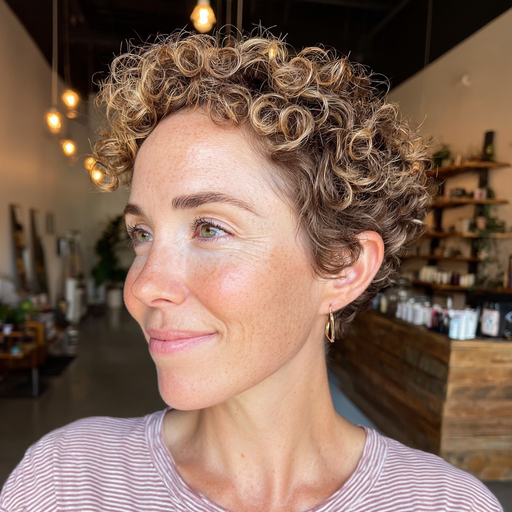 Playful Bronde Curly Pixie with Defined Curls