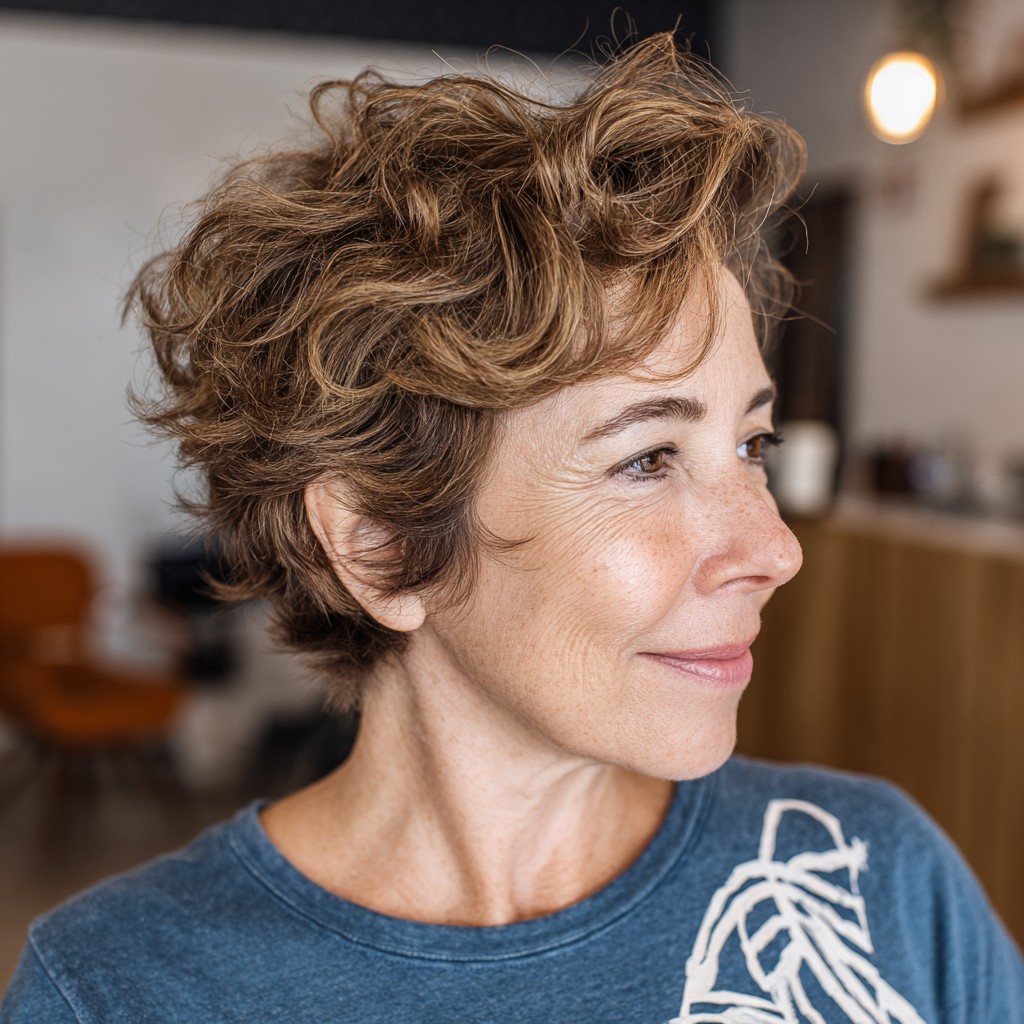Playful Bronde Pixie Cut with Defined Curls