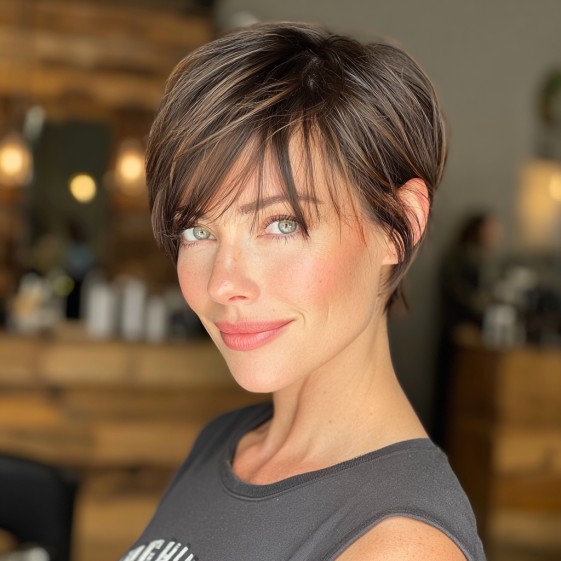 Playful Textured Brunette Pixie with Side-Swept Bangs