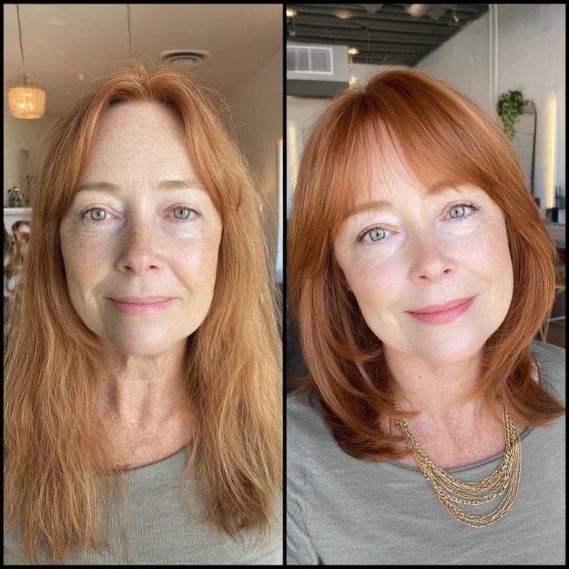 Radiant Copper Lob with Soft Curtain Bangs