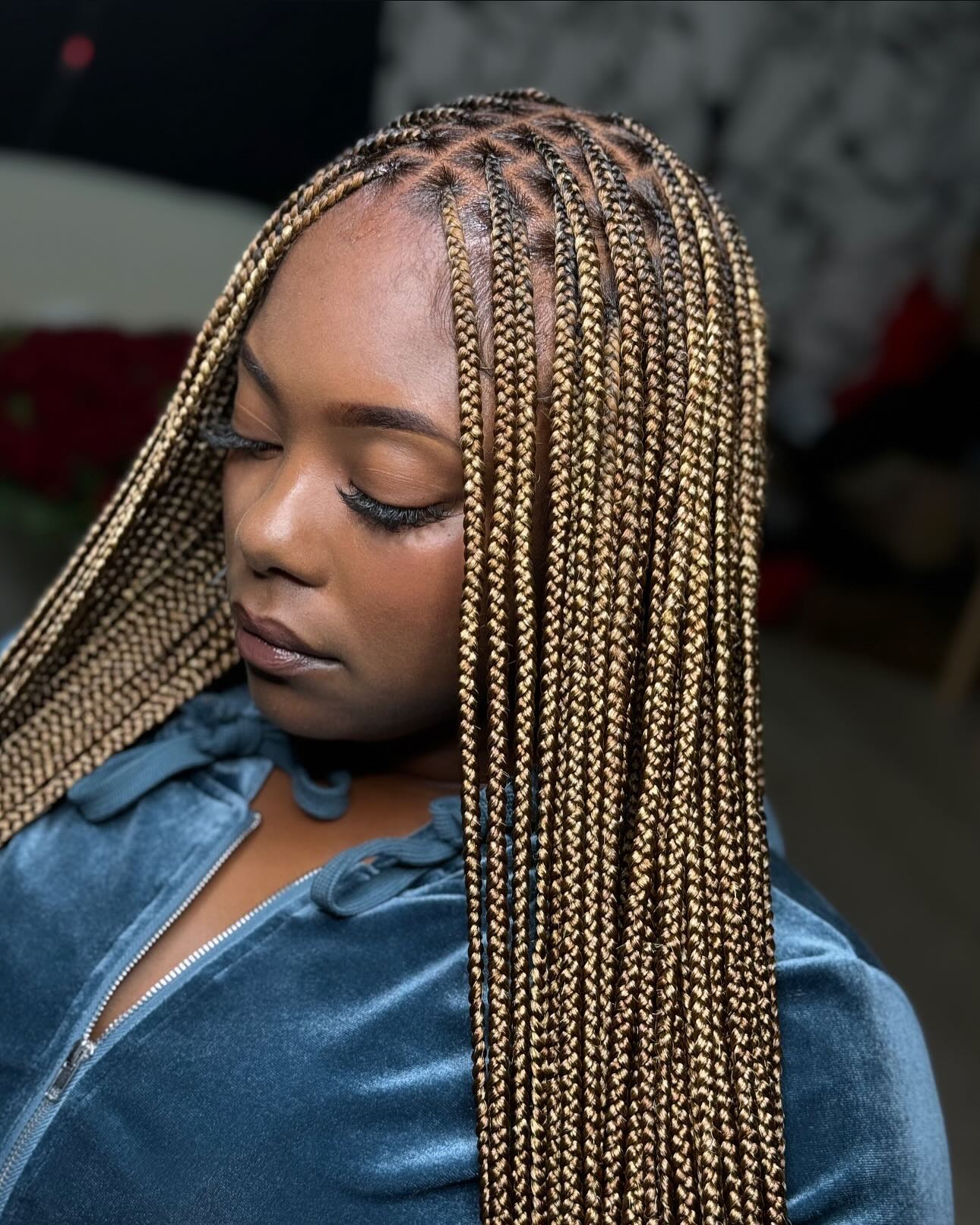 Radiant Golden Box Braids with Intricate Cornrow Detailing
