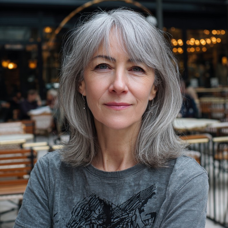 Soft Silver Lob with Feathered Curtain Bangs