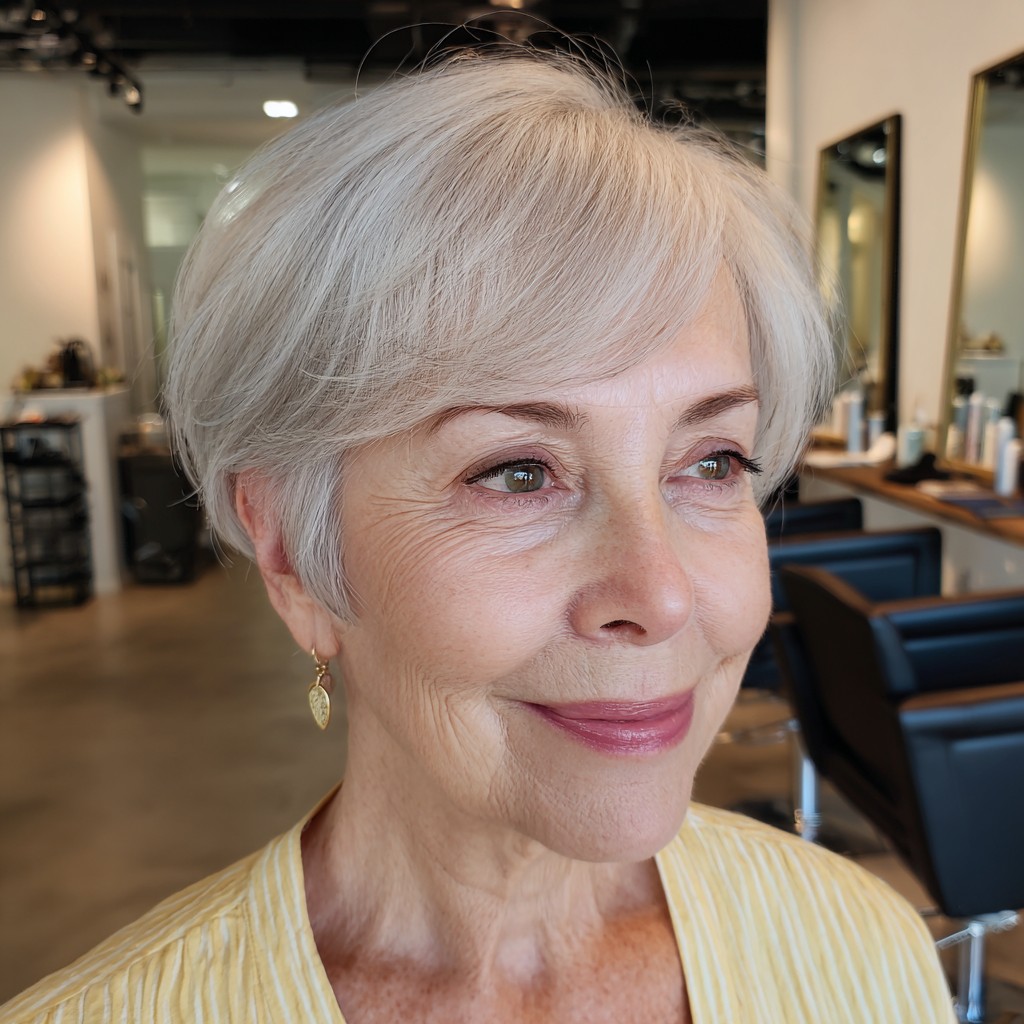 Soft Textured Silver Crop with Side Swept Bangs