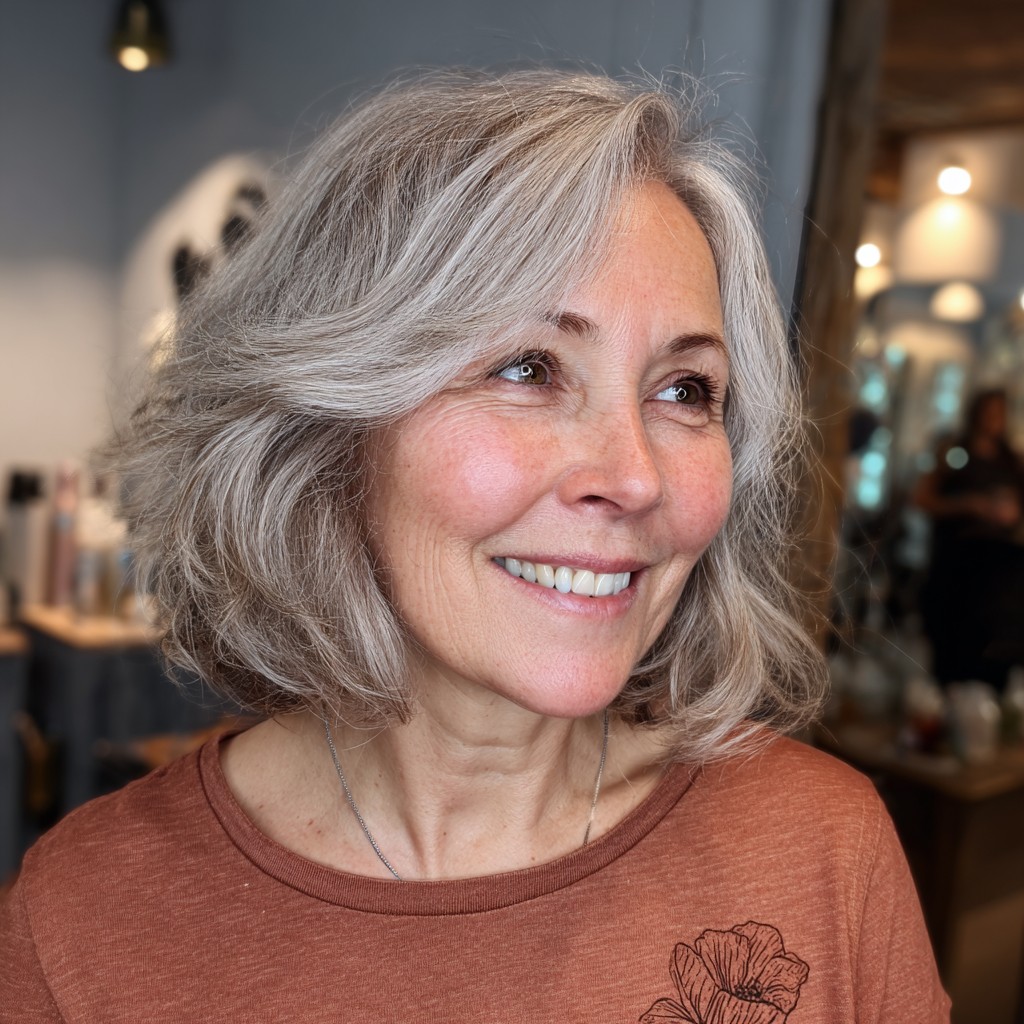 Softly Layered Silver Bob with Textured Movement
