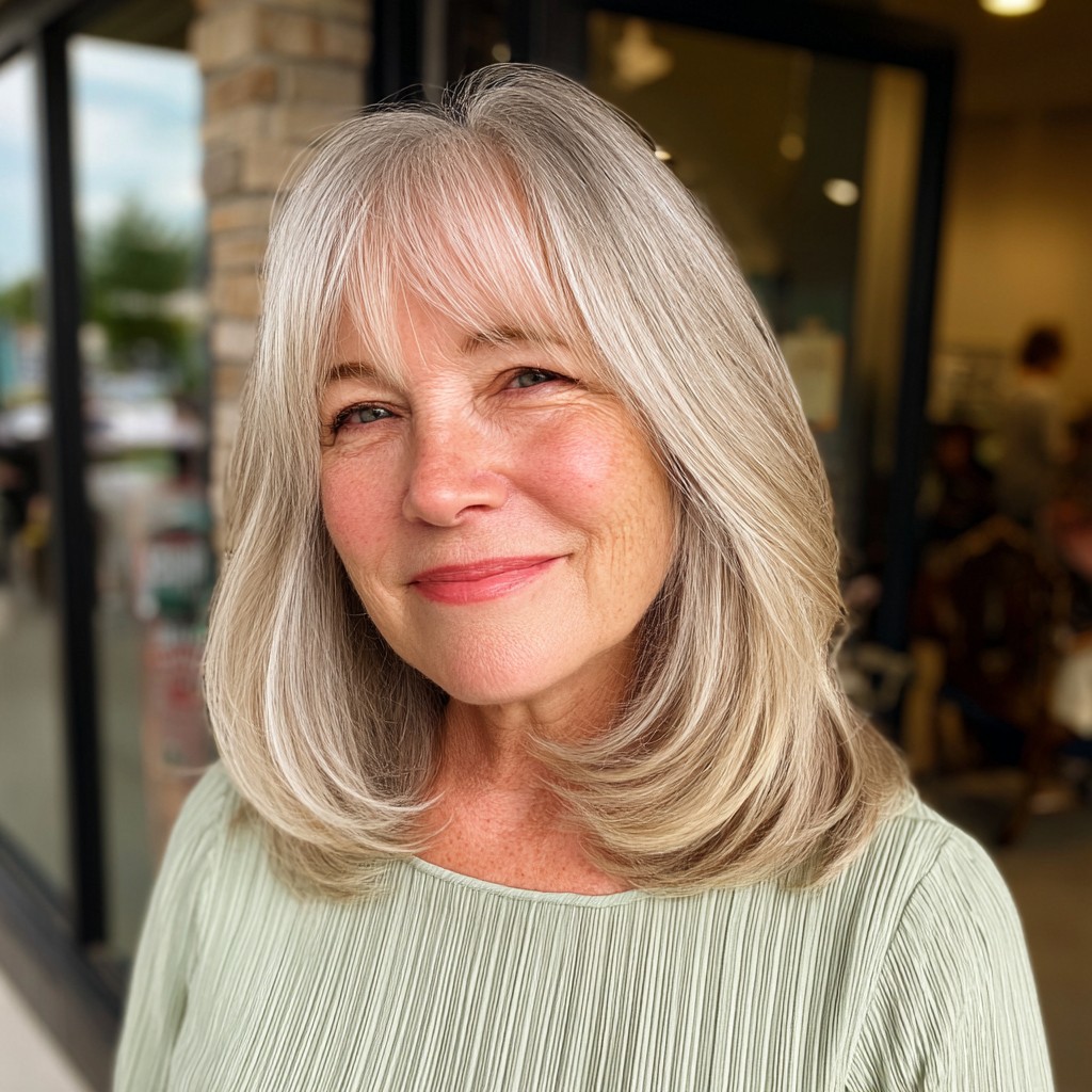 Softly Layered Silver Shine with Face-Framing Bangs