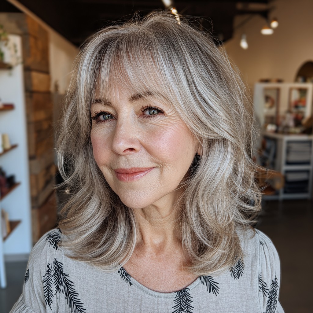 Softly Layered Silver Waves with Gentle Face-Framing Bangs