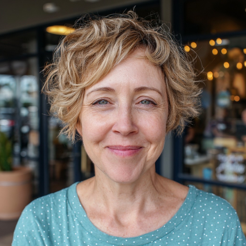 Softly Textured Bronde Pixie with Curly Layers