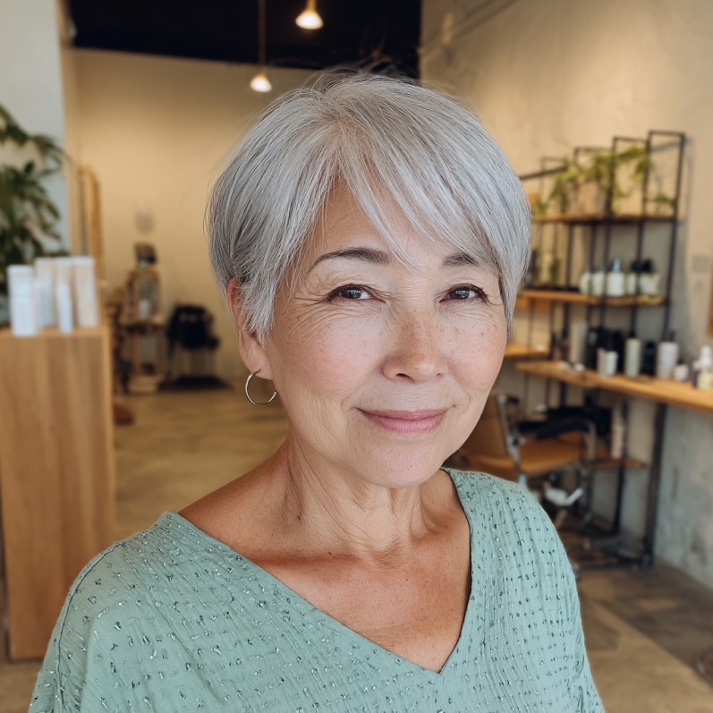 Softly Textured Silver Pixie with Feathered Bangs