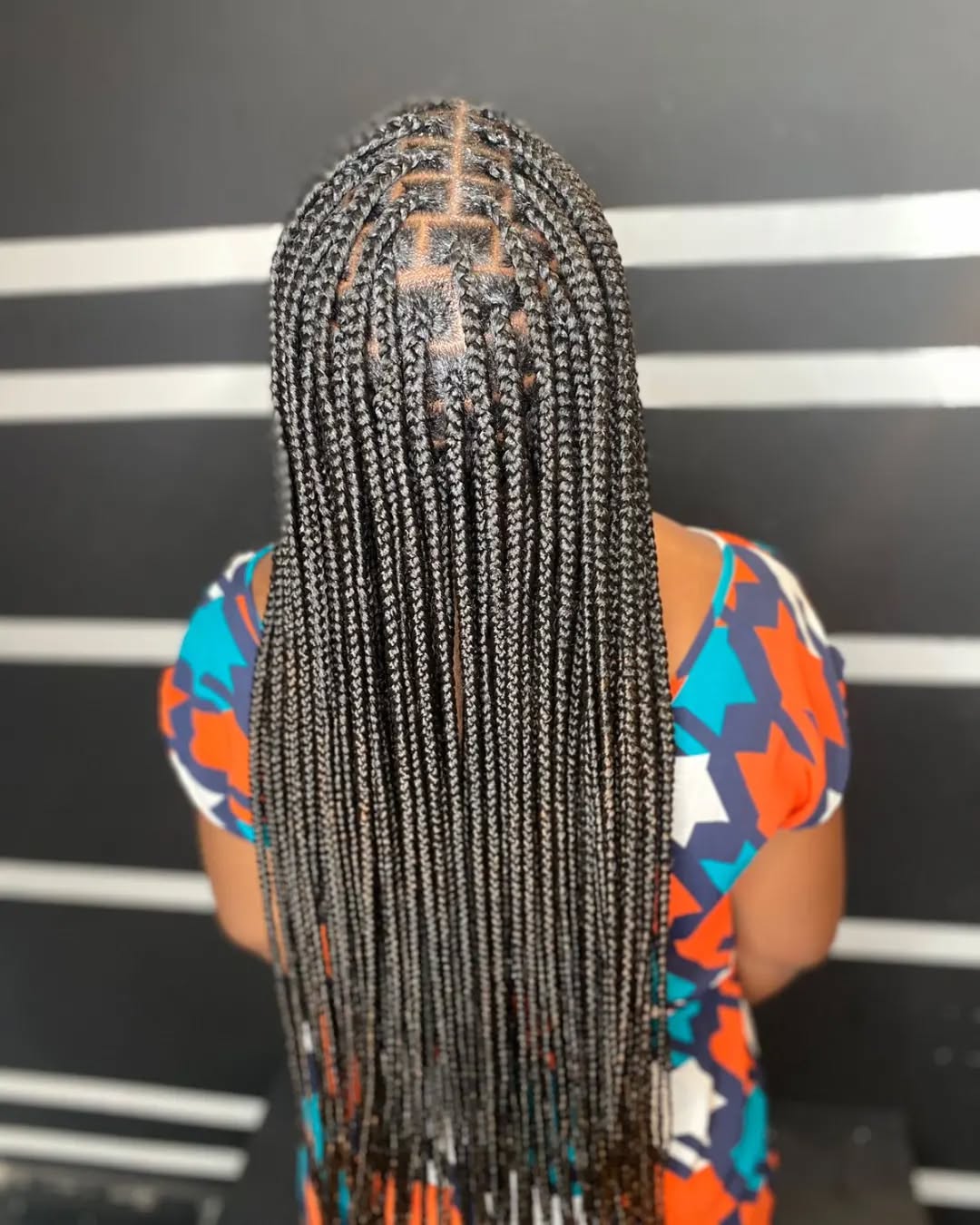 Stunning Waist-Length Box Braids with Intricate Parting