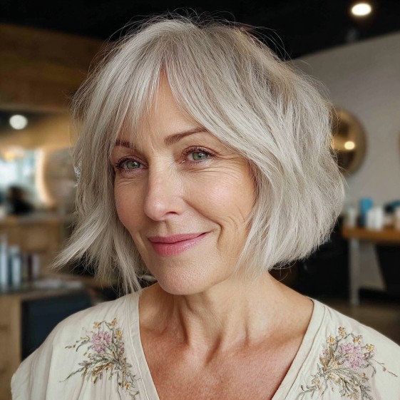 Stylish Choppy Bob with Feathered Curtain Bangs