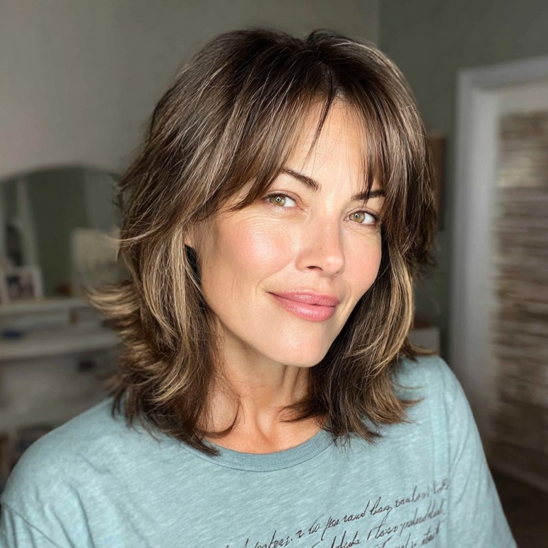 Stylish Layered Lob with Face-Framing Curtain Bangs