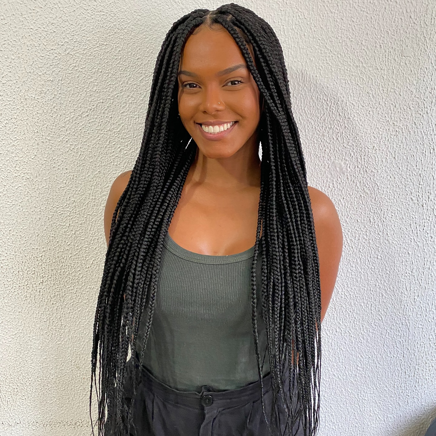 Stylish Waist-Length Box Braids with Defined Parting
