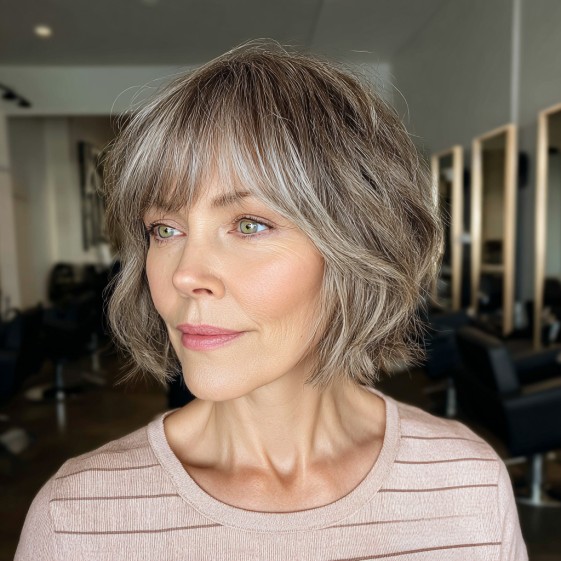 Textured Ash Brown Choppy Bob with Wispy Curtain Bangs