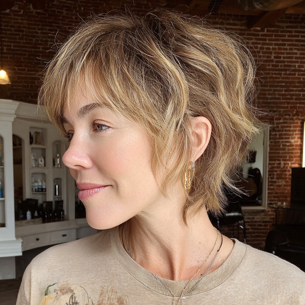 Textured Bronde Pixie Cut with Feathered Layers