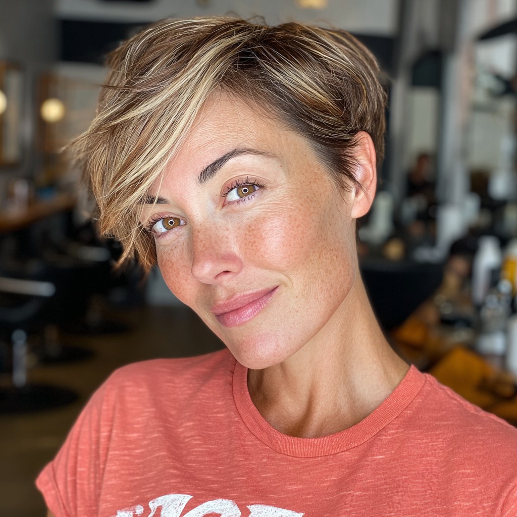 Textured Bronde Pixie Cut with Soft Feathered Layers