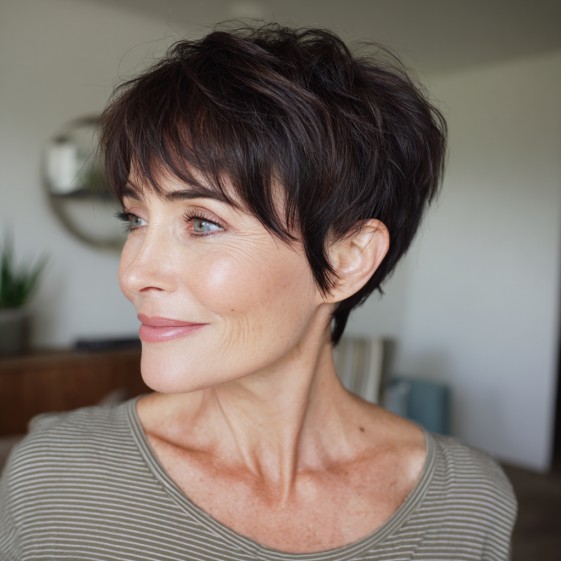 Textured Brunette Pixie with Soft Bangs