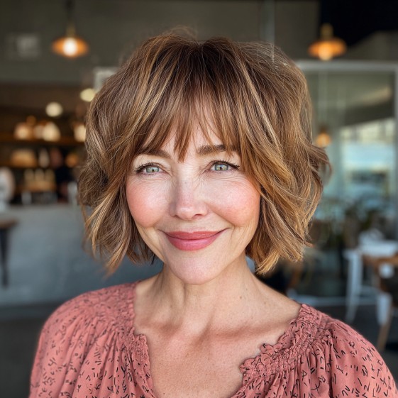 Textured Choppy Bob with Face-Framing Curtain Bangs