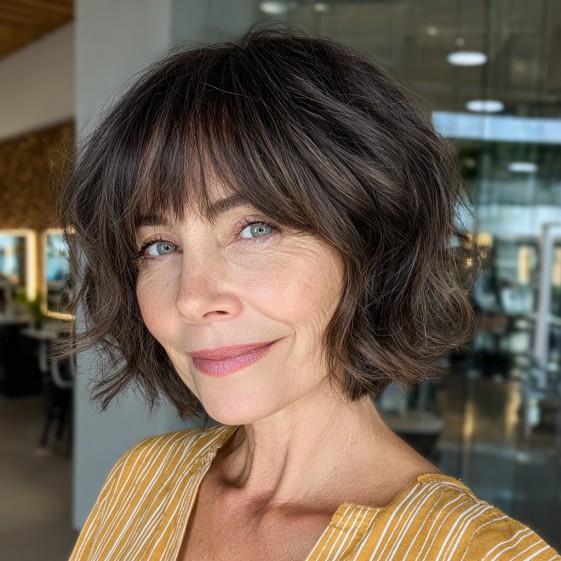 Textured Choppy Bob with Wispy Curtain Bangs