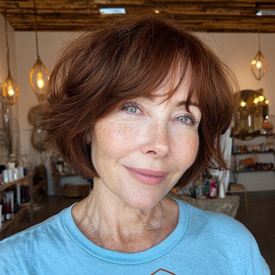 Textured Copper Choppy Bob with Soft Curtain Bangs