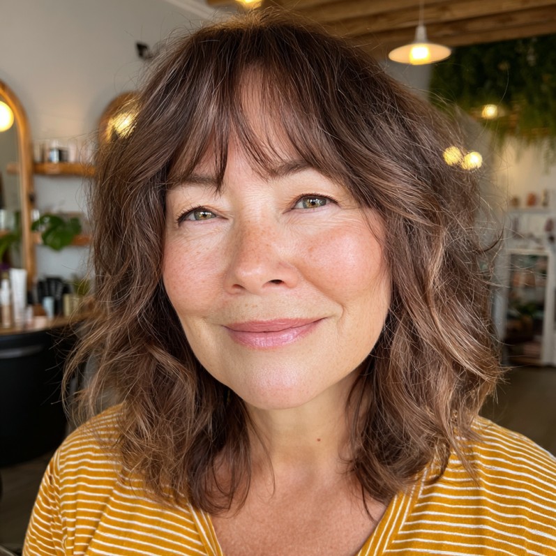 Textured Lob with Soft Curtain Bangs and Natural Waves