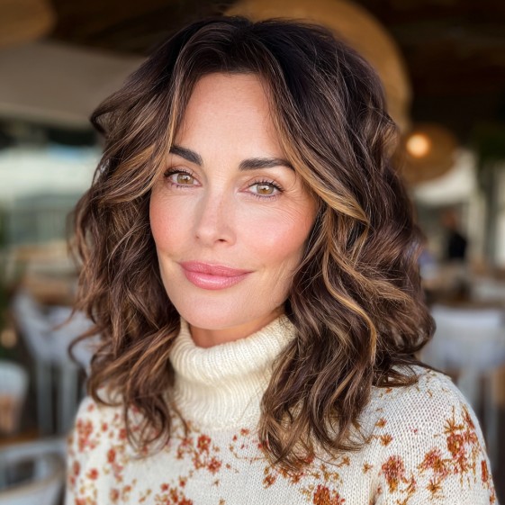 Textured Shoulder-Length Curls with Warm Highlights