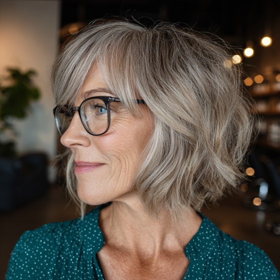 Textured Silver Choppy Bob with Curtain Bangs