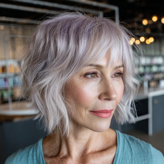 Textured Silver Choppy Bob with Soft Curtain Bangs
